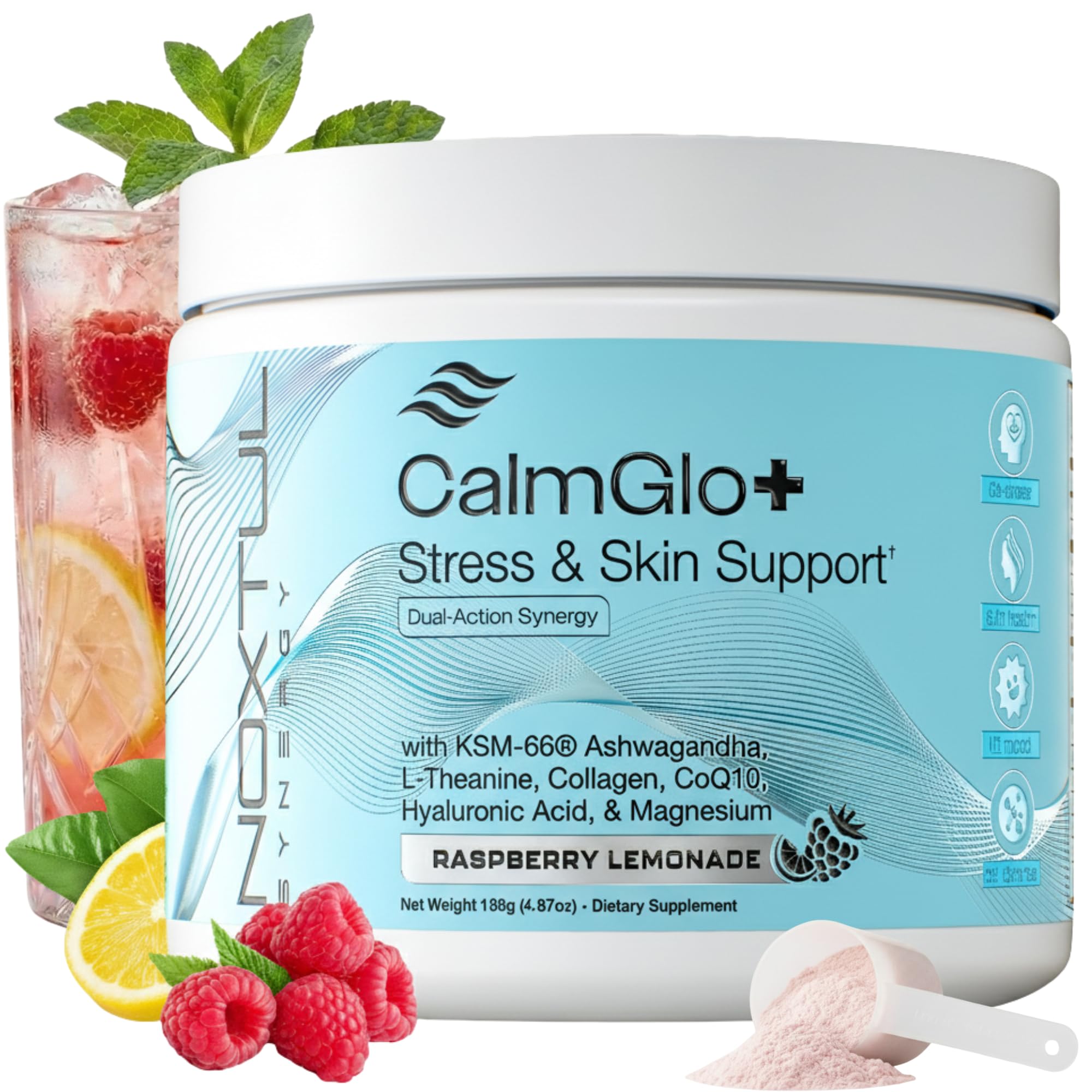 Noxtul Raspberry Lemonade powder poured into a glass for daytime calm and focus.