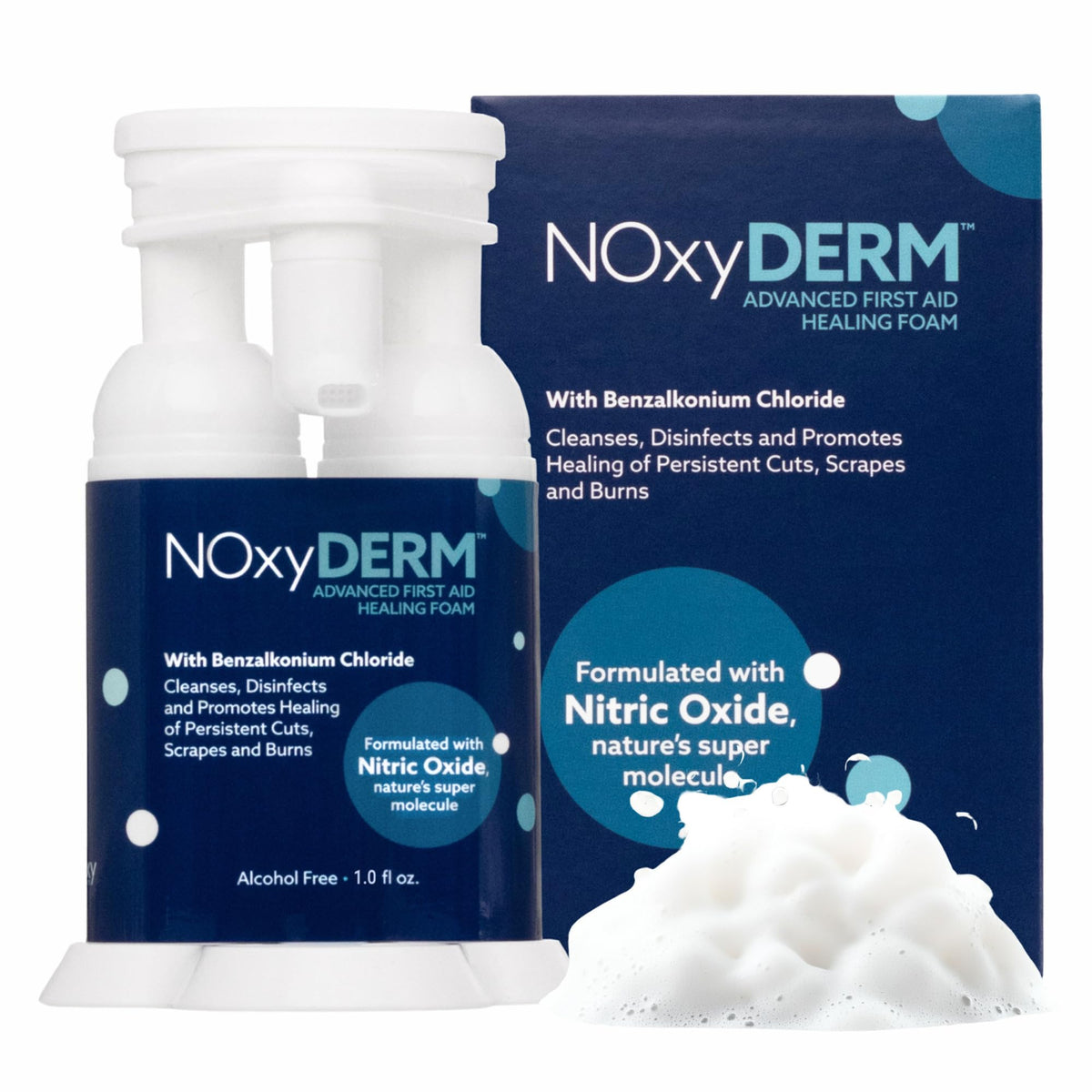 NOxyDERM premium foam bottle for easy antiseptic application on minor wounds.