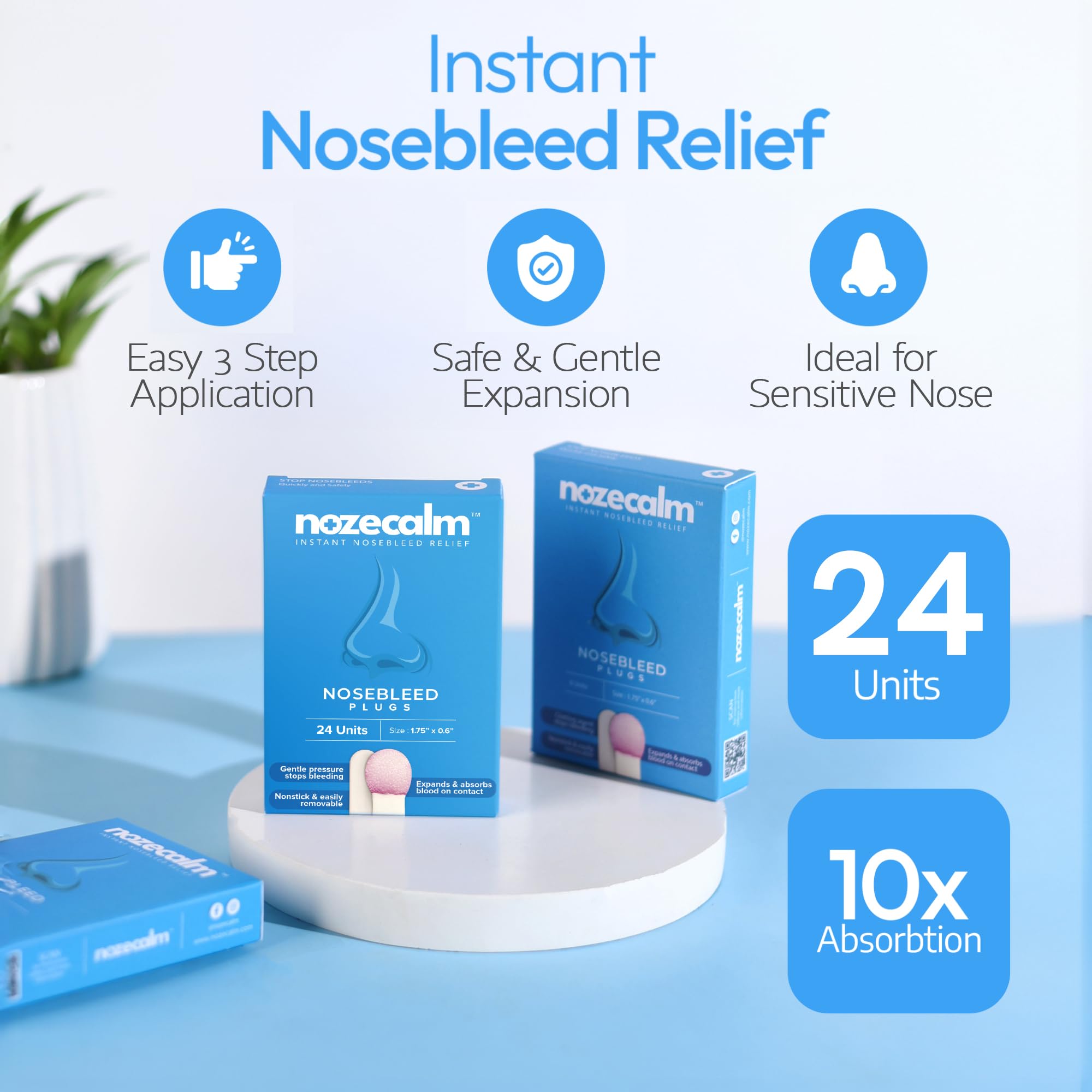 NozeCalm nosebleed plug close-up shows non-stick surface for painless removal