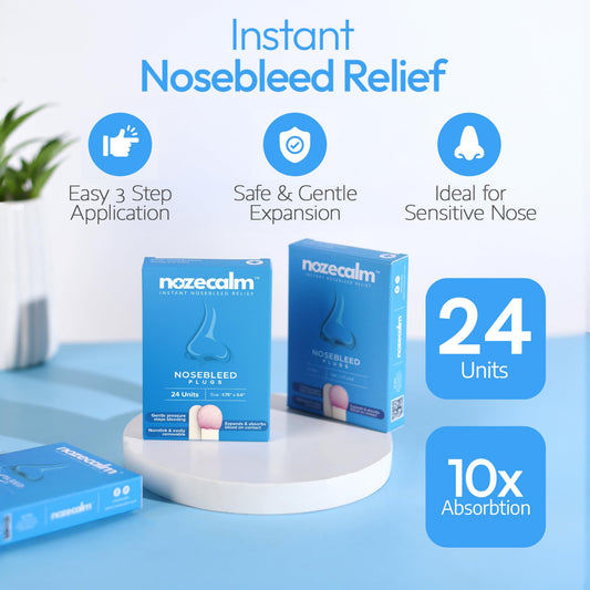 NozeCalm nosebleed plug close-up shows non-stick surface for painless removal