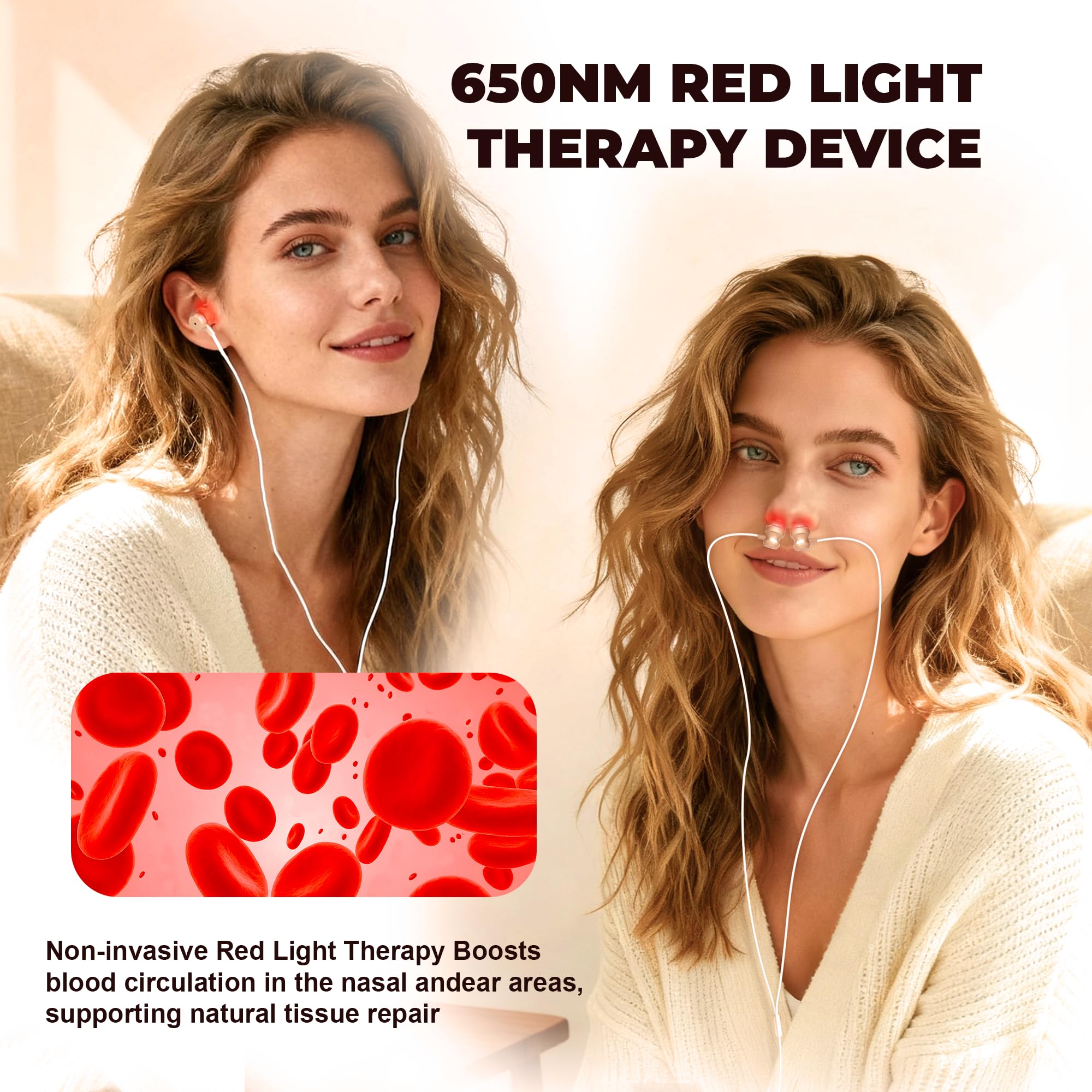 Npccto 650 nm red light emission targets delicate ear and nasal areas for gentle, non-invasive wellness.