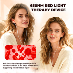 Npccto 650 nm red light emission targets delicate ear and nasal areas for gentle, non-invasive wellness.