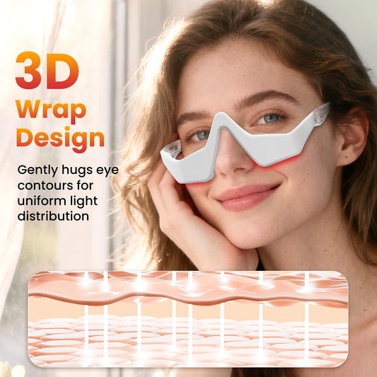 Npccto under-eye red light glasses close-up highlighting compact, portable design.