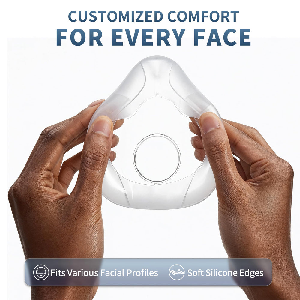 NQIAO cushion on a face demonstrates comfortable fit with or without beard.
