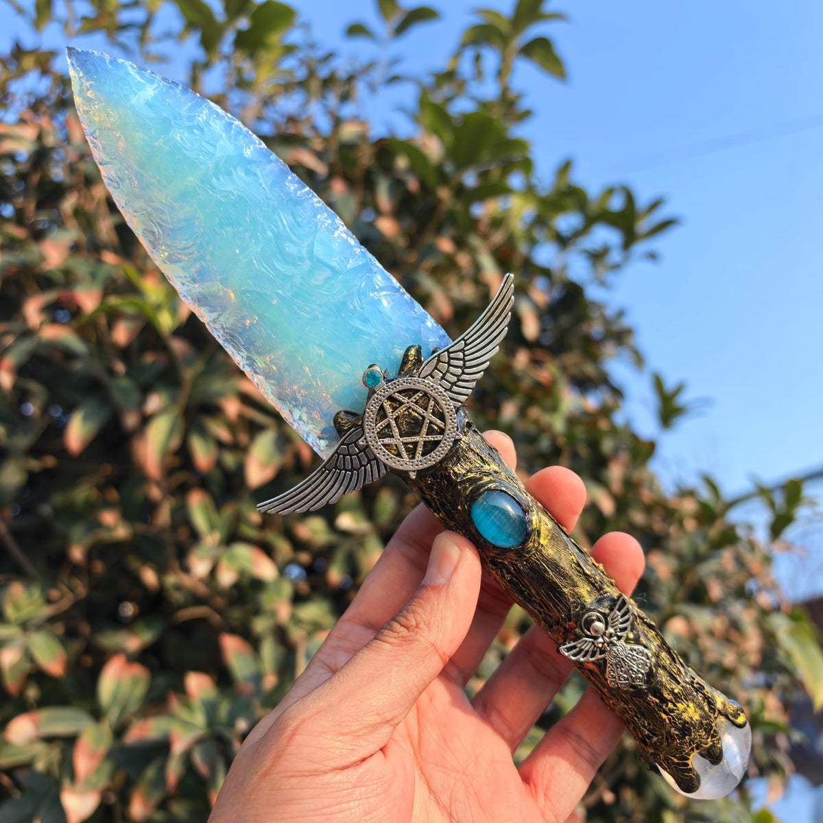 NsmjodStone crystal knife arrow head in opal obsidian for chakra balance.
