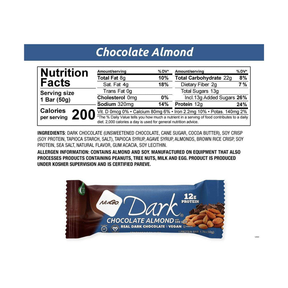 NuGo dark chocolate almond sea salt bar close-up with glossy chocolate and almonds.