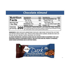 NuGo dark chocolate almond sea salt bar close-up with glossy chocolate and almonds.