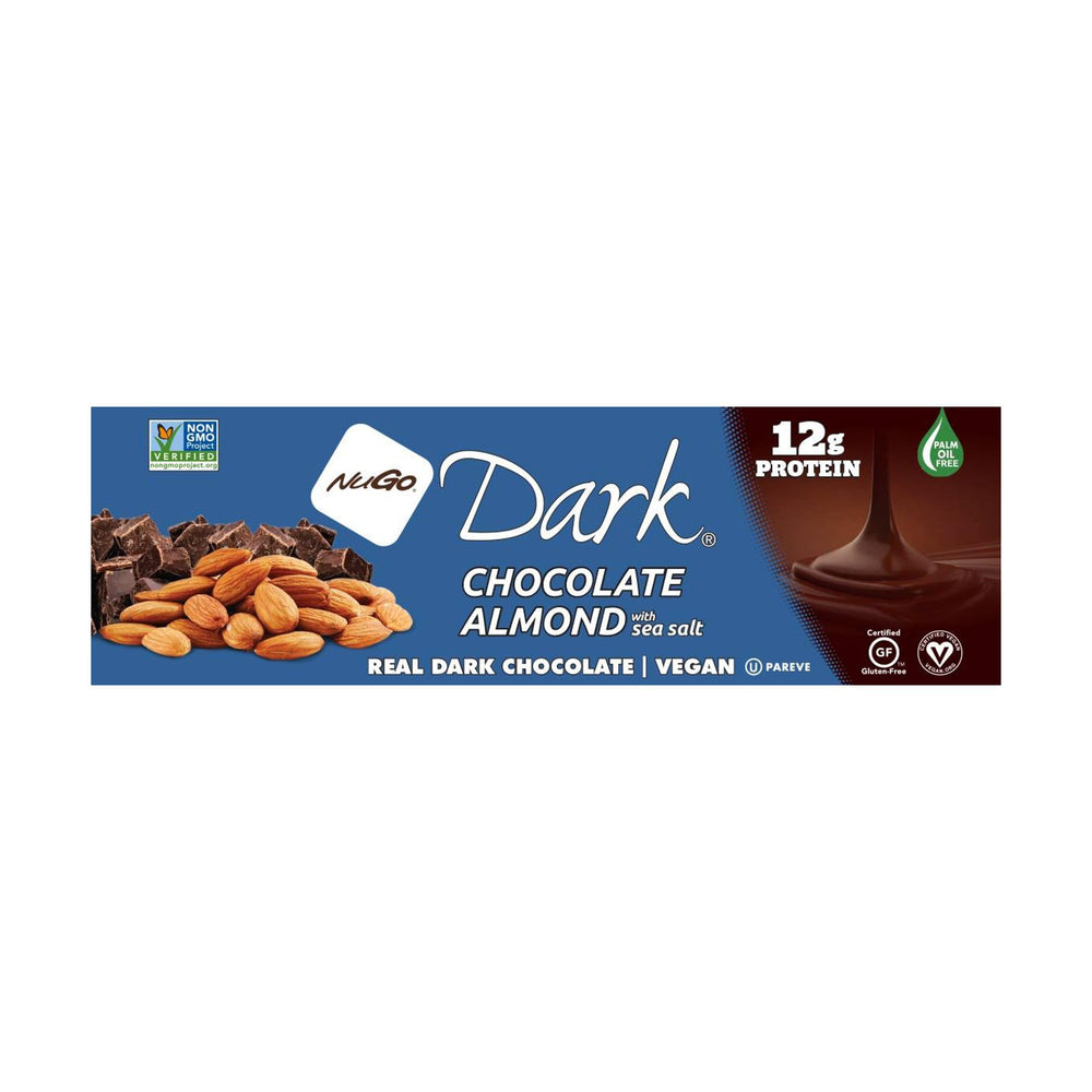 NuGo dark chocolate almond sea salt bar ingredients featuring almonds and sea salt.