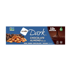 NuGo dark chocolate almond sea salt bar ingredients featuring almonds and sea salt.
