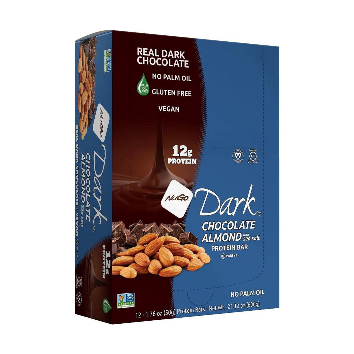 NuGo dark chocolate almond sea salt bar pack for on-the-go snacking.