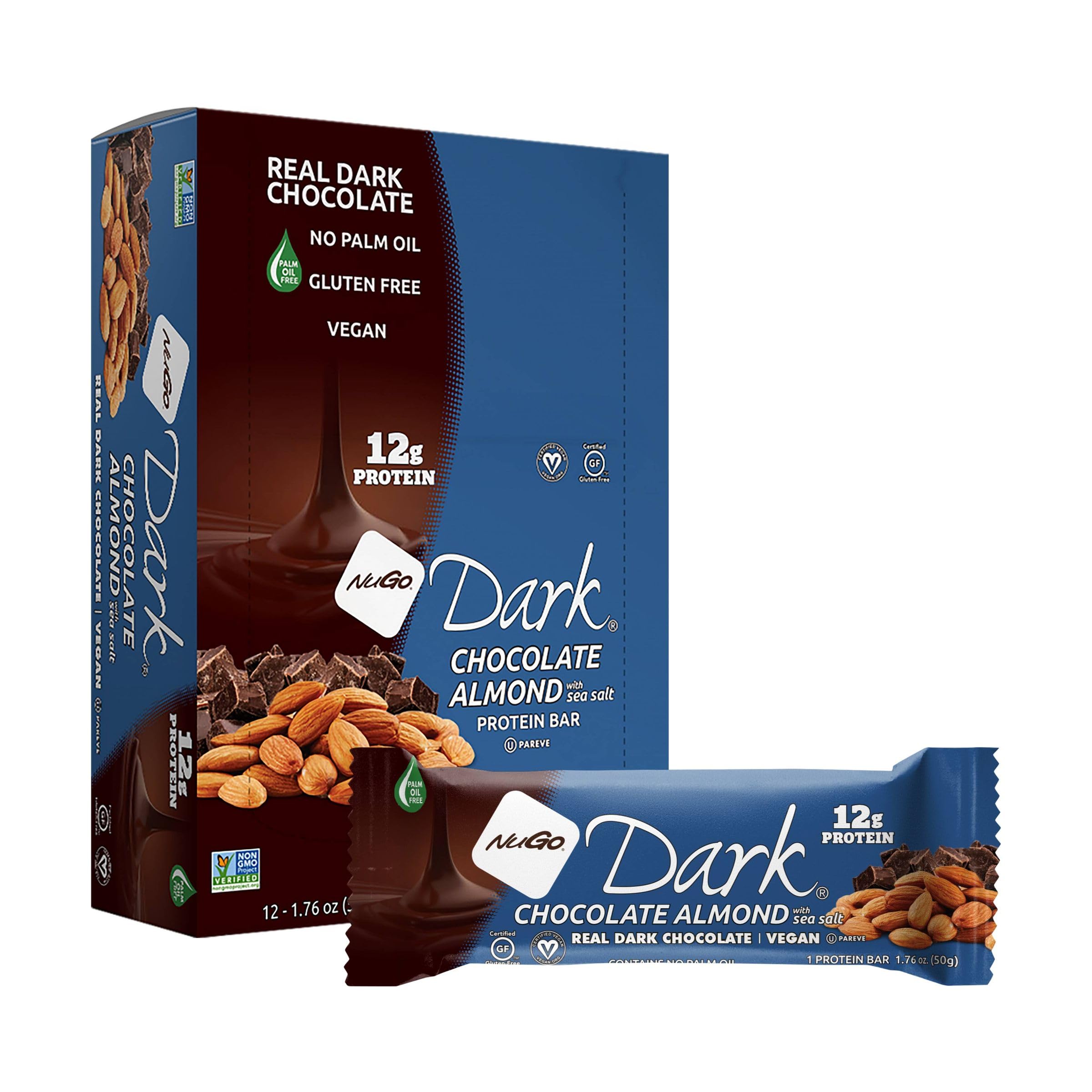 NuGo dark chocolate almond sea salt bar served as a snack option.