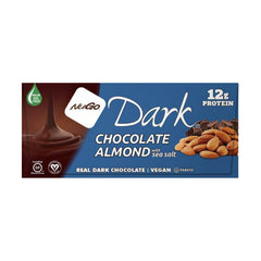 NuGo dark chocolate almond sea salt bar unwrapped, ready to enjoy.