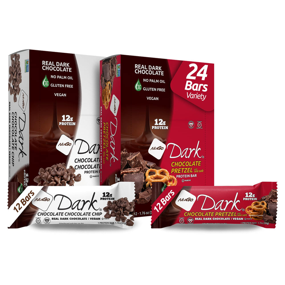 NuGo Dark Chocolate Pretzel front view, protein-packed snack.