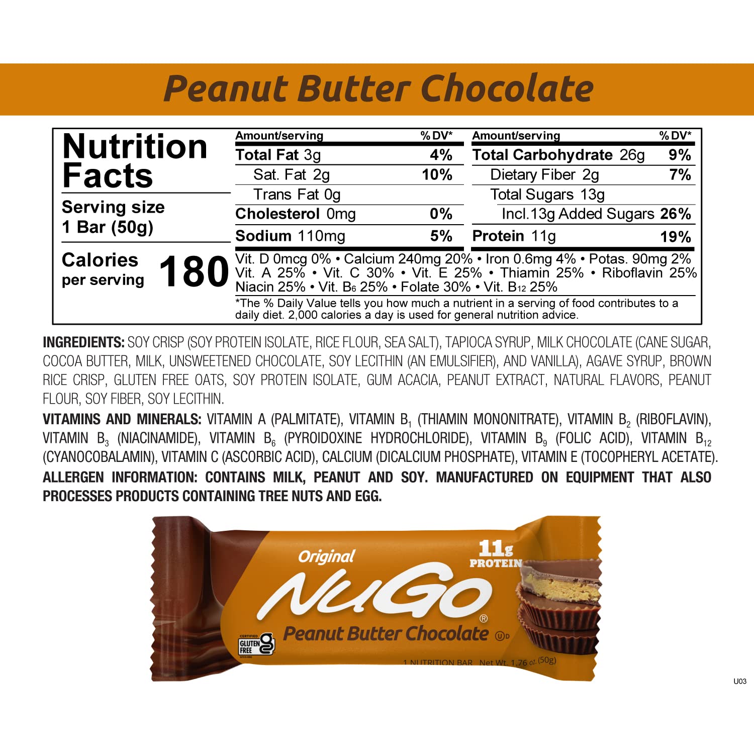 Non-GMO ingredients label on NuGo bar packaging.