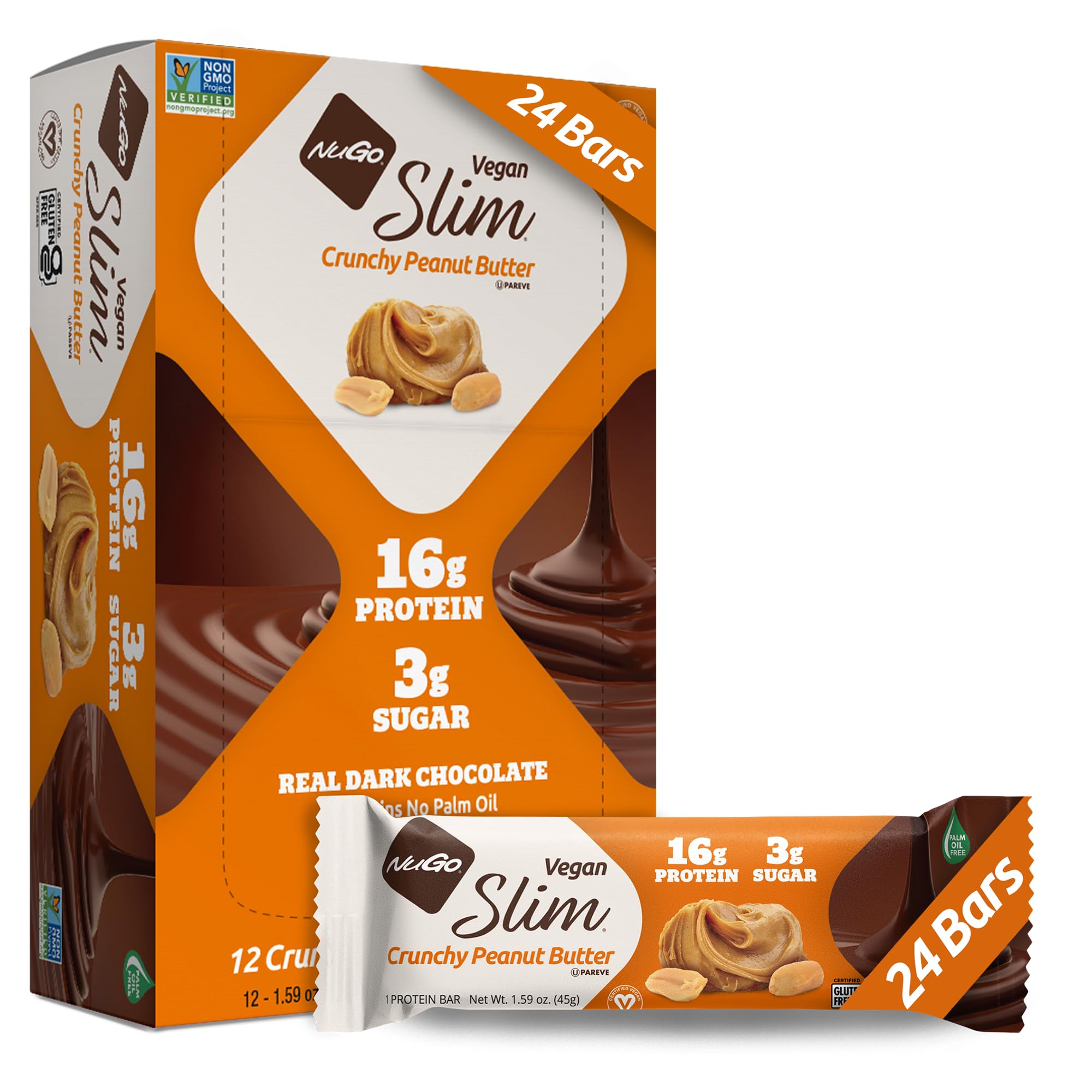 NuGo Slim Dark Chocolate Crunchy Peanut Butter bar pack with protein-packed nourishment