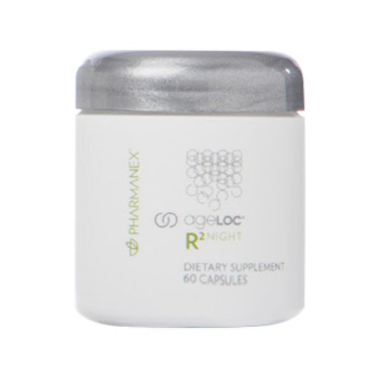 Nu Skin ageLOC R2 Night bottle showcases nightly renewal and cellular detox support for overnight rejuvenation.