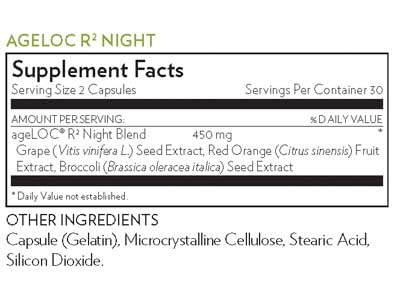 Nu Skin ageLOC R2 Night capsules highlight energy and mental clarity benefits.