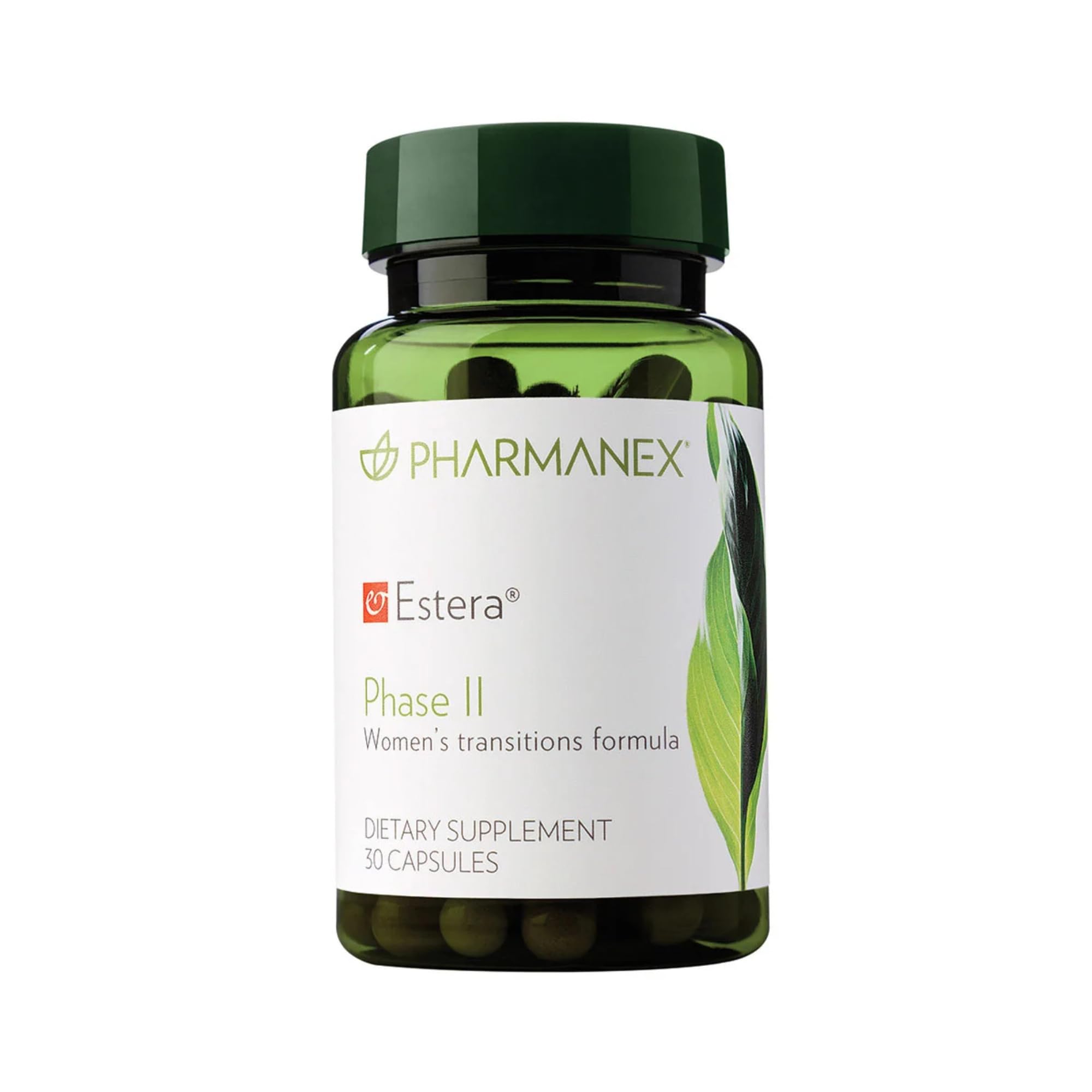 Nu Skin Estera Phase II bottle with capsules promoting daily hormonal balance.