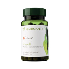 Nu Skin Estera Phase II bottle with capsules promoting daily hormonal balance.