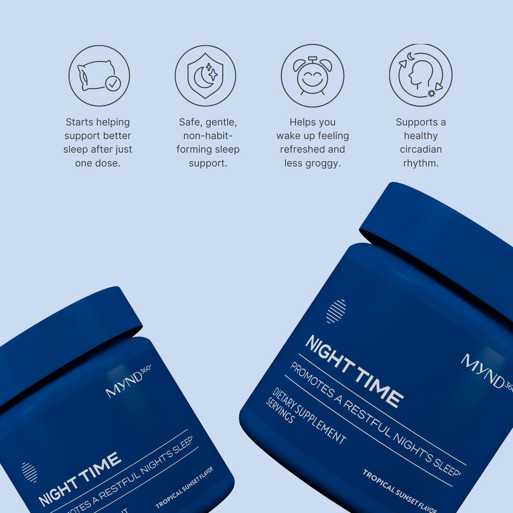 Nu Skin MYND360 glass with fizzing powder hints at enhanced absorption for better rest.