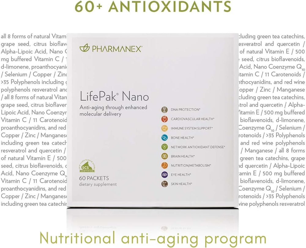 Nu Skin Pharmanex LifePak Nano label detail, comprehensive nutrient information at a glance.