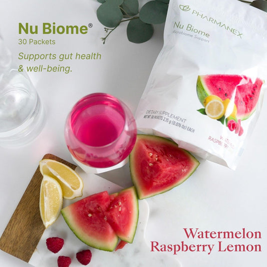 Nu Skin Pharmanex Nu Biome bottle pours for daily energy and gut balance.
