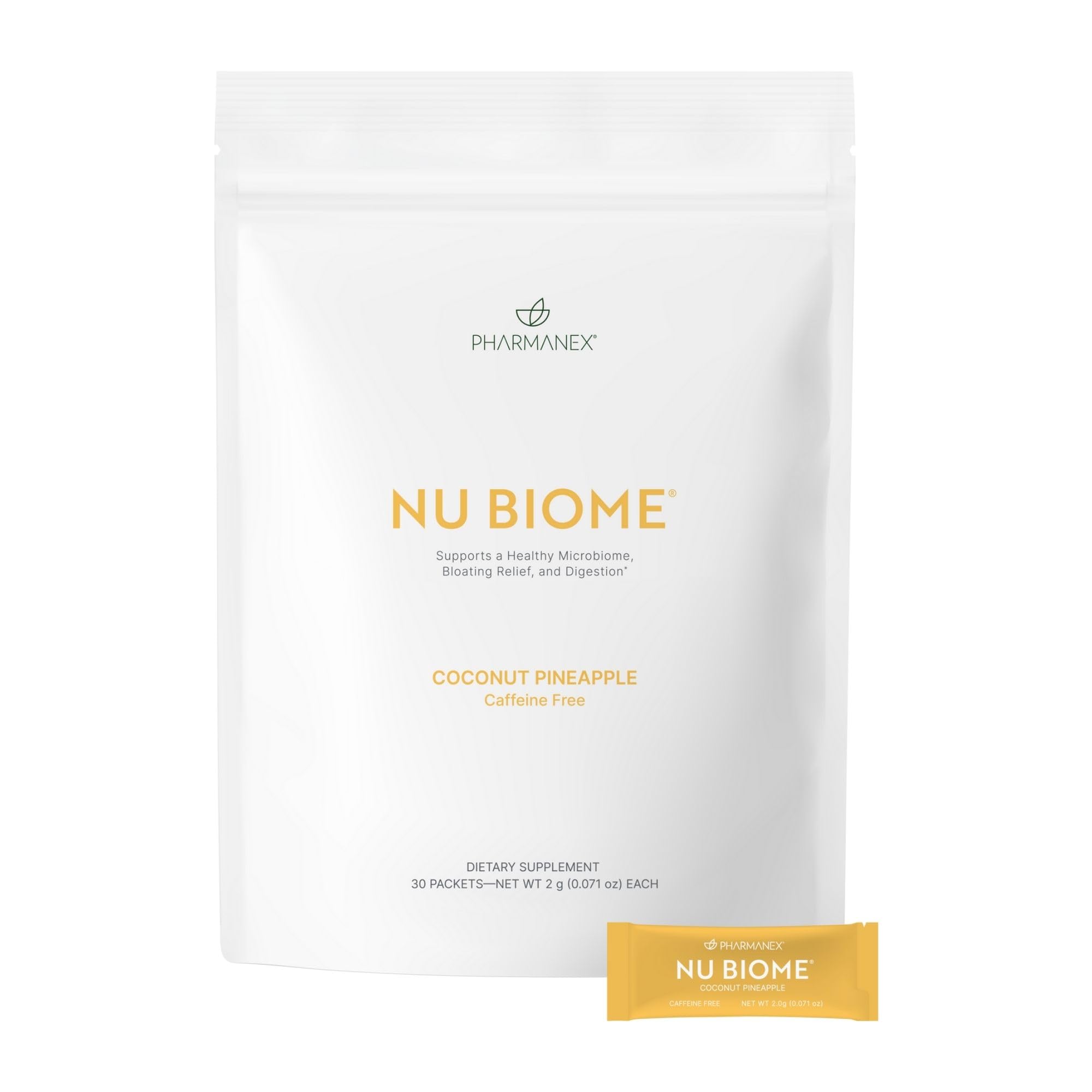 Nu Skin Pharmanex Nu Biome box shows 30 packets for easy daily gut support.