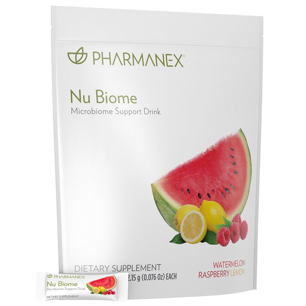 Nu Skin Pharmanex Nu Biome packets displaying Watermelon Raspberry Lemon flavor.