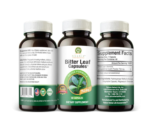 NUABIX Bitter Leaf Capsules bottle promotes daily wellness with a convenient capsule form