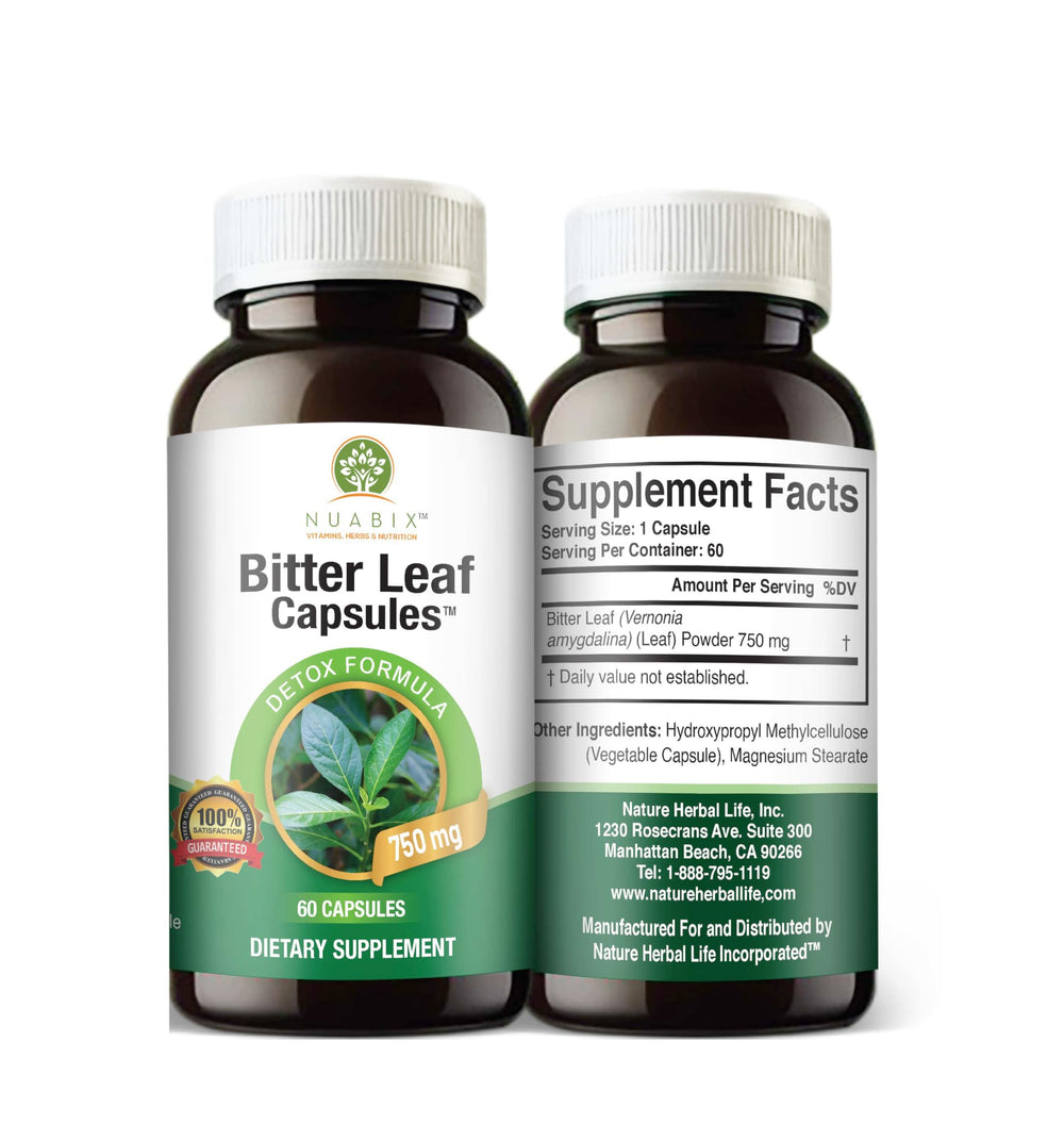 NUABIX Bitter Leaf Capsules closeup highlighting textured capsules ready for daily intake