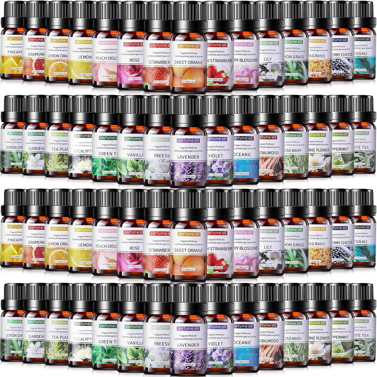 Nuanchu 60 essential oils packaging display with organized bottles for easy selection