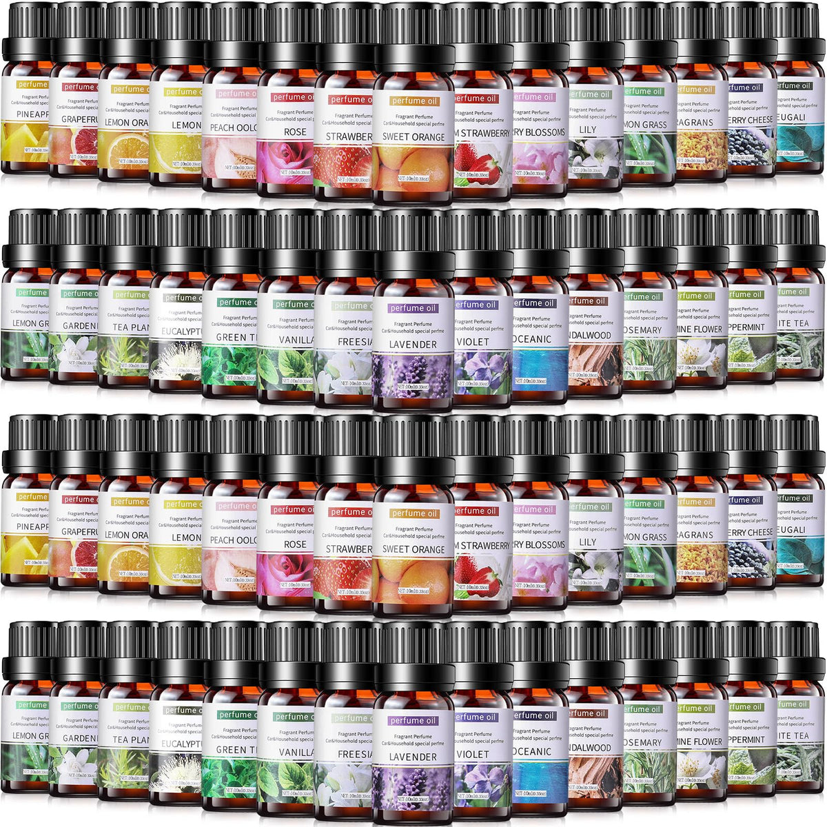 Nuanchu 60 essential oils packaging display with organized bottles for easy selection
