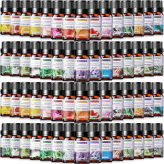 Nuanchu 60 essential oils packaging display with organized bottles for easy selection