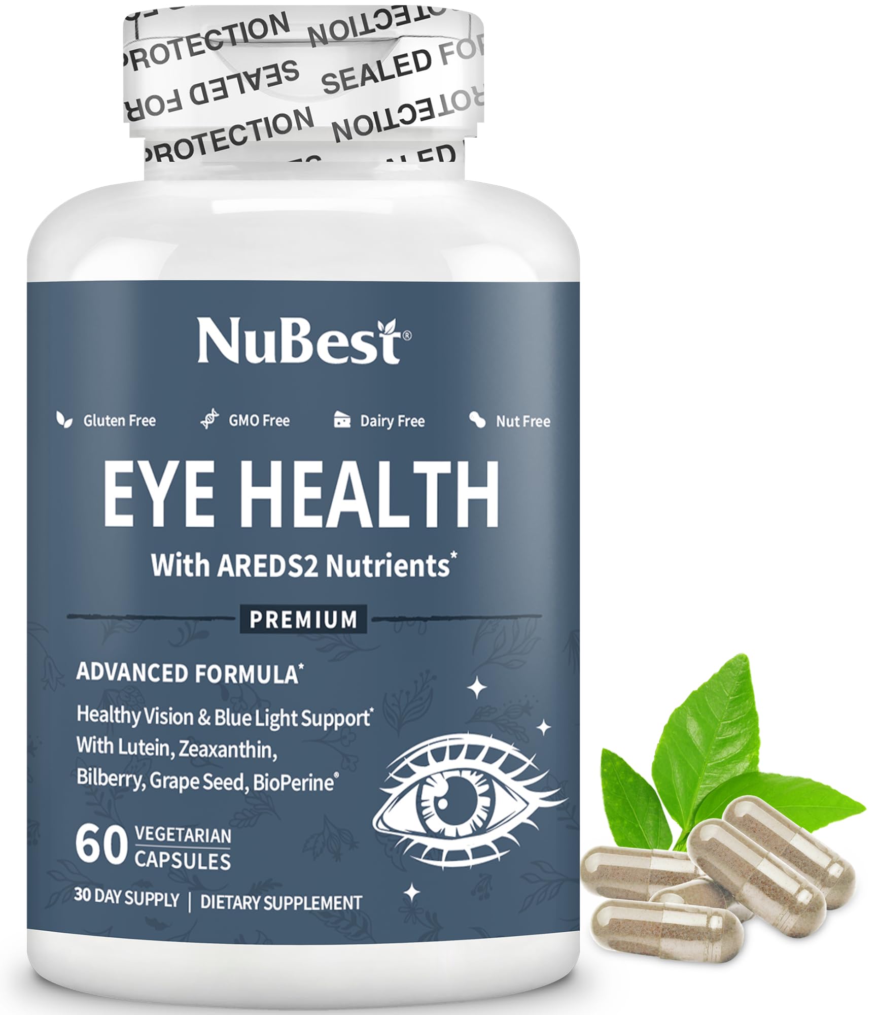 NuBest AREDS2 eye vitamins bottle closeup for daily eye health support.