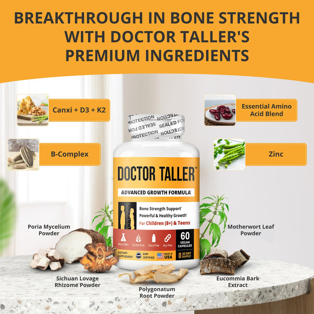 Close-up of NuBest Doctor Taller capsules, vegan calcium and vitamins for growing bones