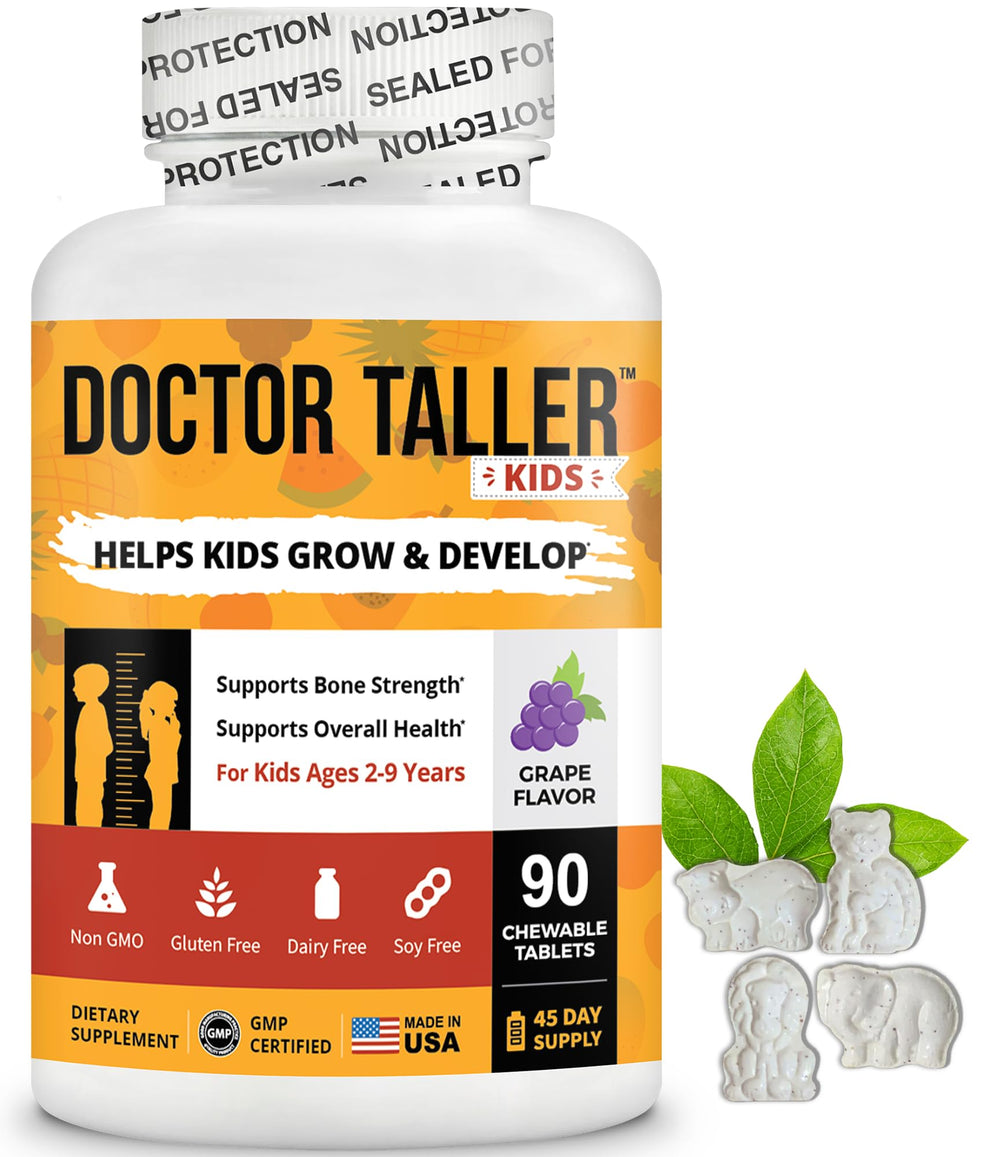 NuBest Doctor Taller Kids bottle front shows grape-flavored chewables for daily support.