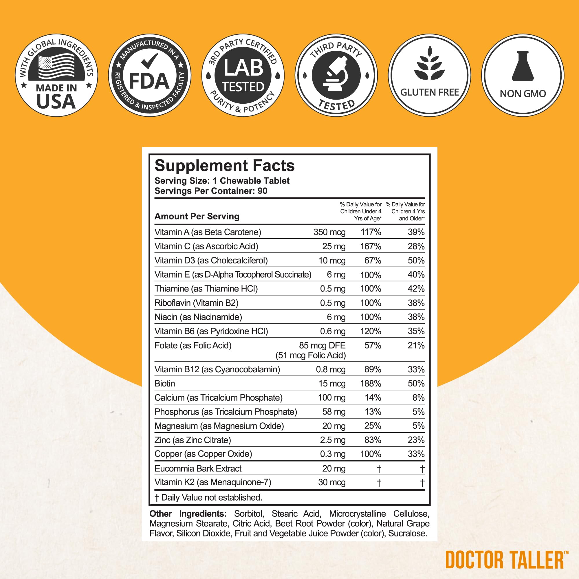 NuBest Doctor Taller Kids chewable tablets grape close-up highlights a kid-friendly texture.
