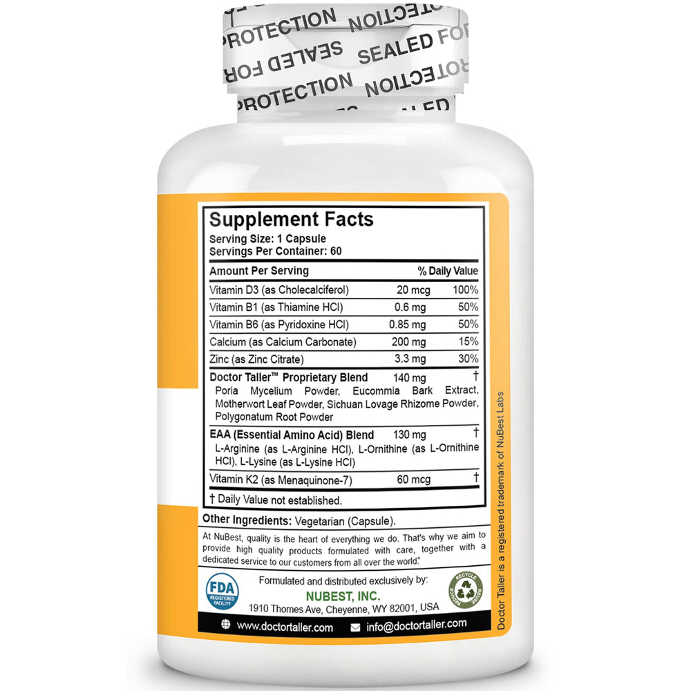 Vegan, gluten-free and non-GMO icons beside NuBest Doctor Taller bottle