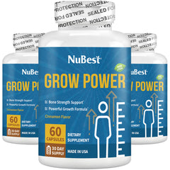 NuBest Grow Power bottle close-up showing kid-friendly calcium formula for bone support.
