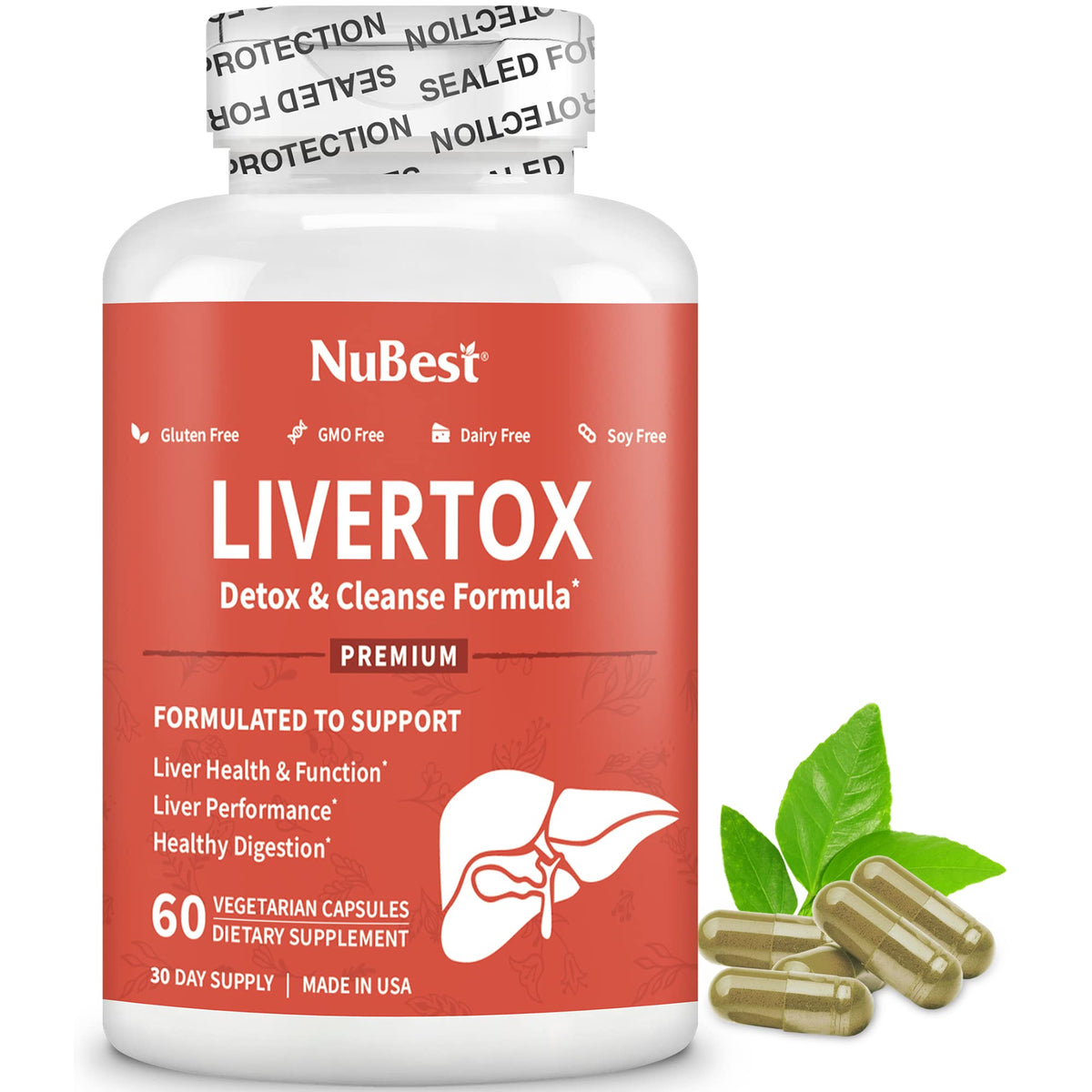 NuBest LiverTox bottle front showing plant-based detox support for daily balance