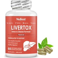 NuBest LiverTox bottle front showing plant-based detox support for daily balance