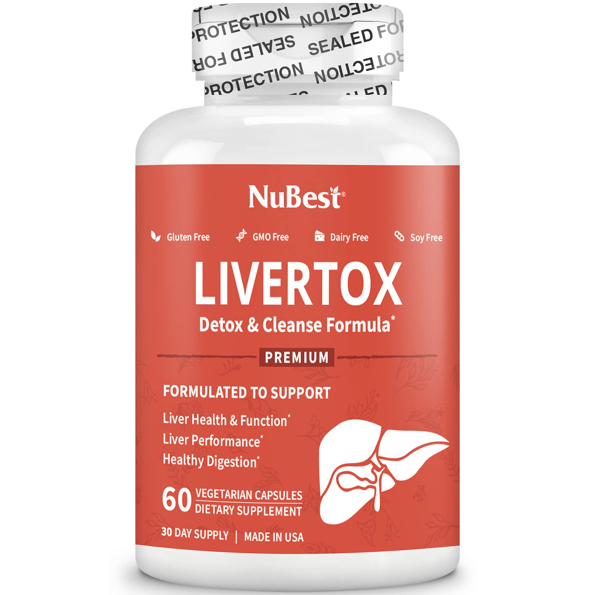 NuBest LiverTox bottle showing vegan, GMP-certified, USA-made quality