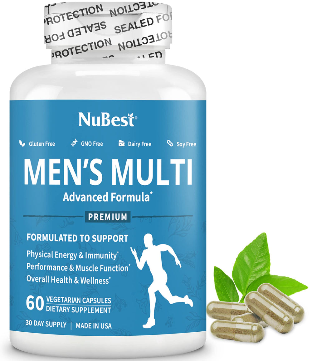 NuBest multivitamin for men bottle front shows daily energy and wellness