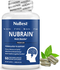 NuBrain Booster bottle front highlights brain support formula for clarity
