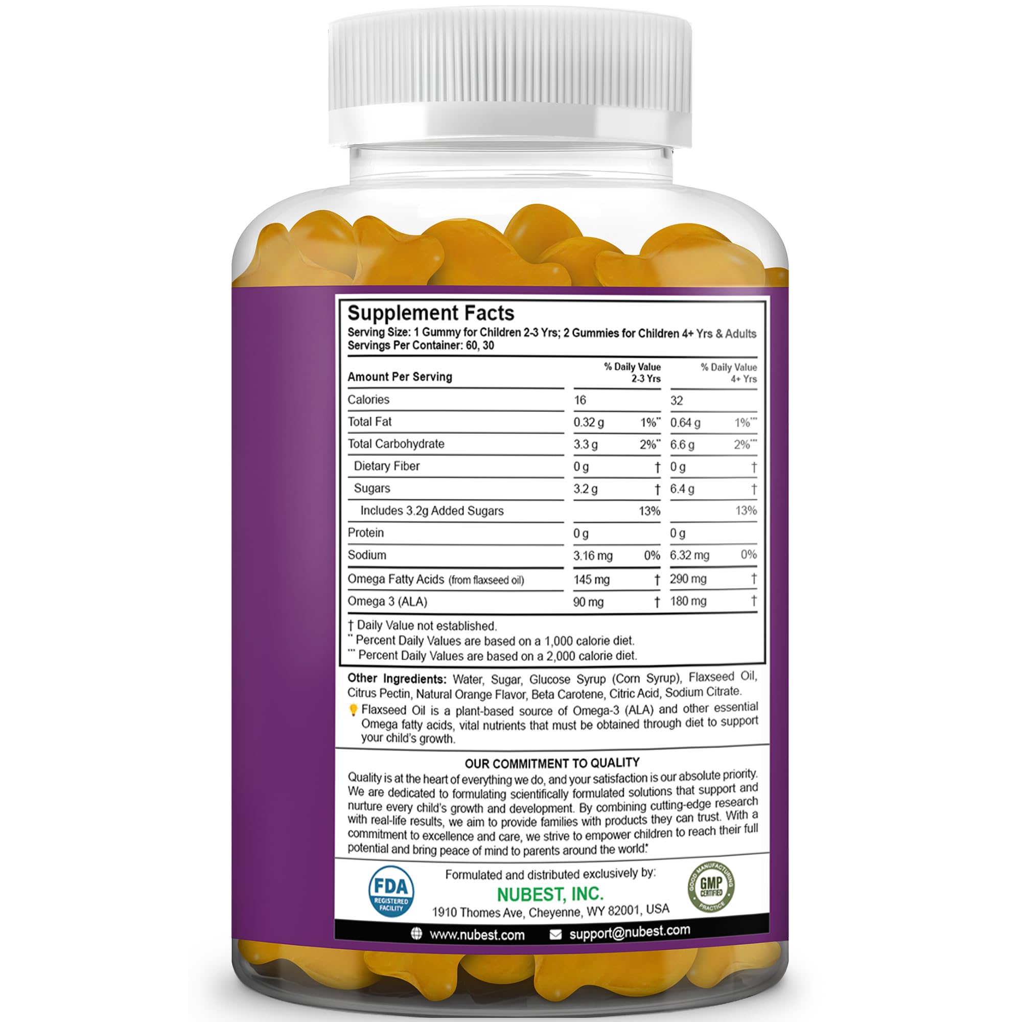 NuBest Omega-3 Gummies manufactured in USA in FDA-registered facility.