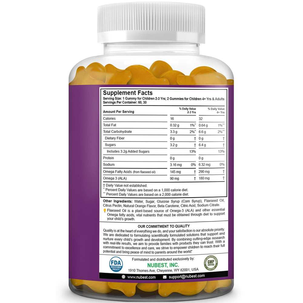 NuBest Omega-3 Gummies manufactured in USA in FDA-registered facility.