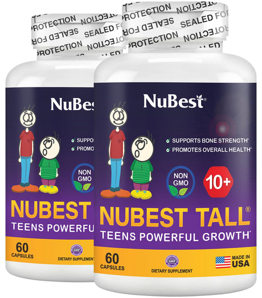 NuBest Tall 10+ bottle front shows a trusted bone support supplement for growing children.