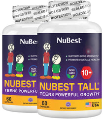 NuBest Tall 10+ bottle front shows a trusted bone support supplement for growing children.