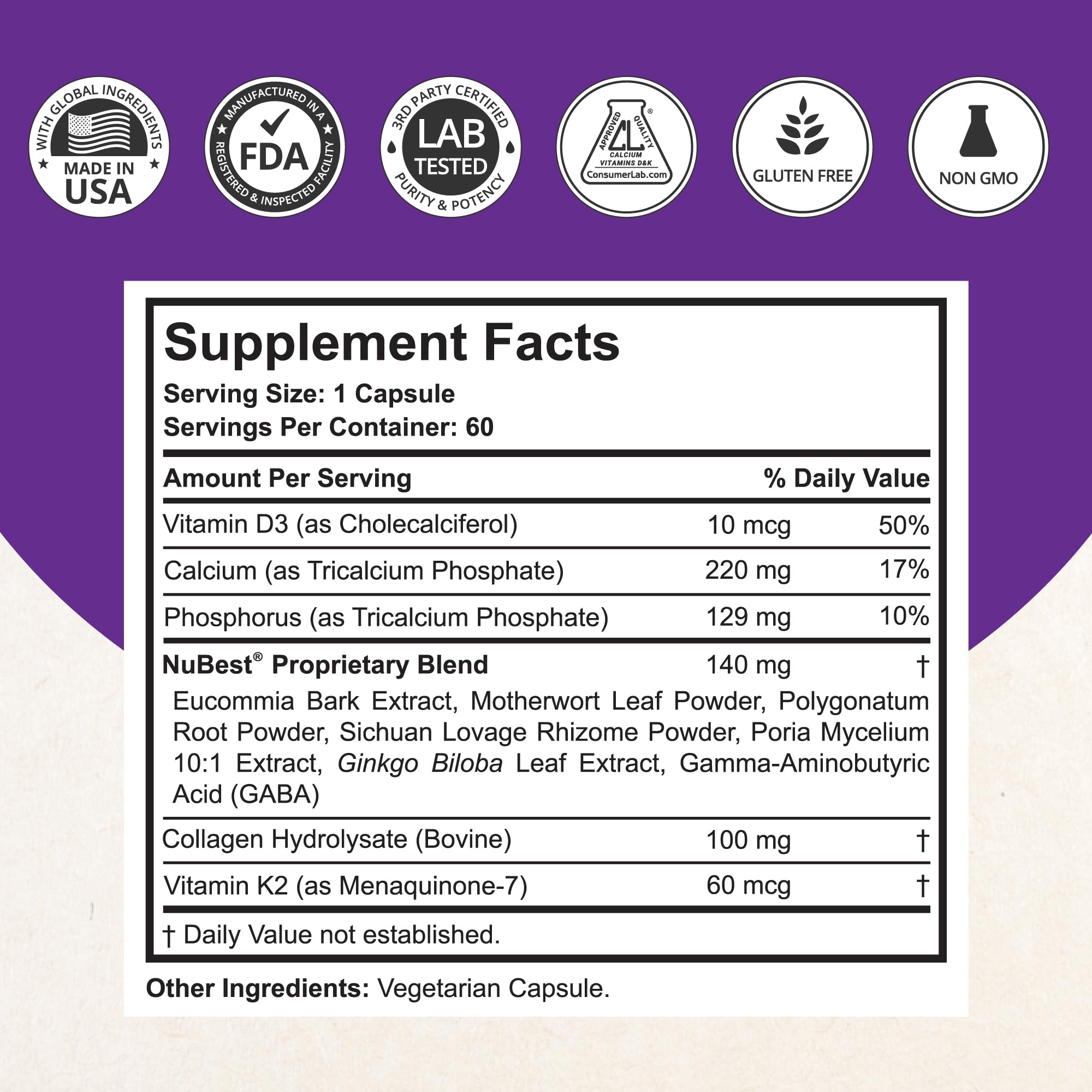 NuBest Tall 10+ ingredients blend closeup showing calcium and collagen.