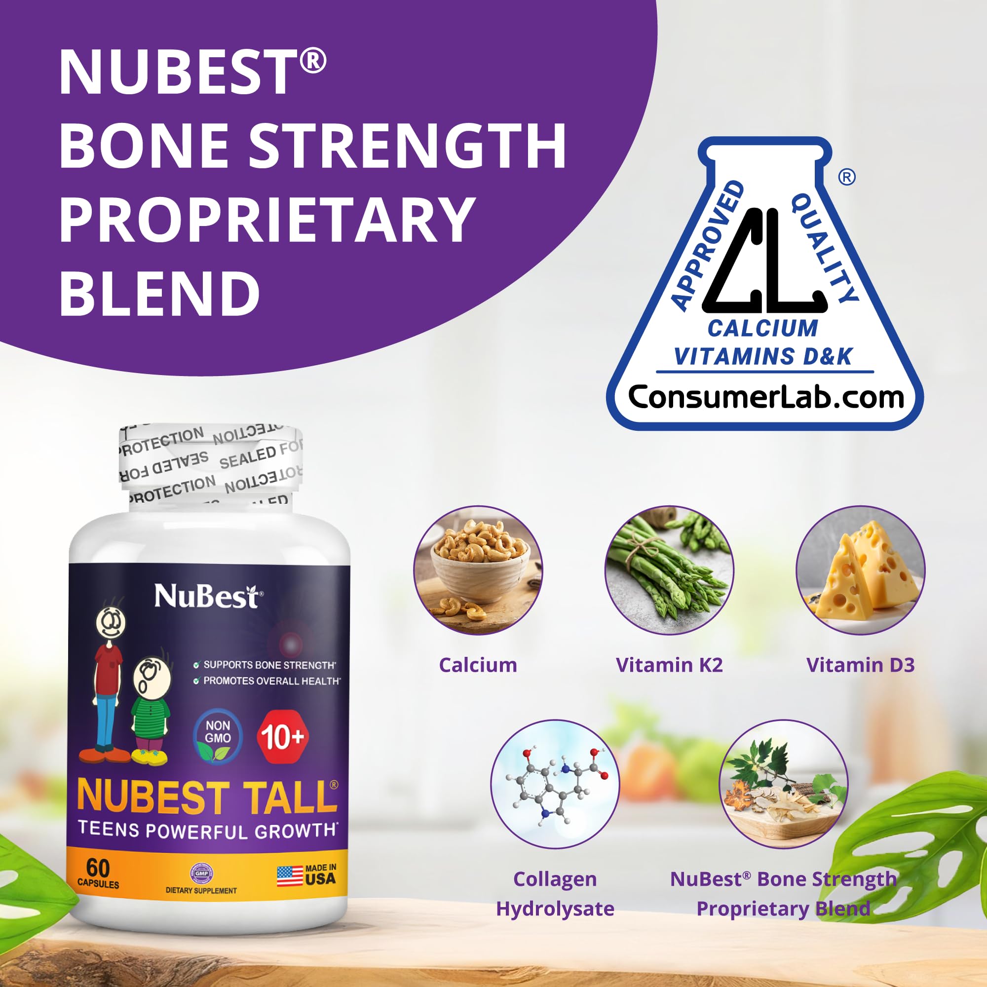 NuBest Tall 10+ label closeup highlighting calcium and vitamins for teens.